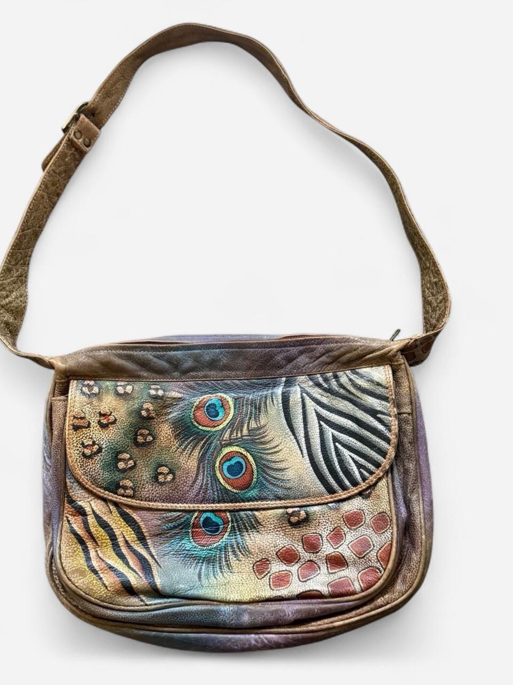 Hand-Painted Peacock Feather Crossbody Bag - Multicolor